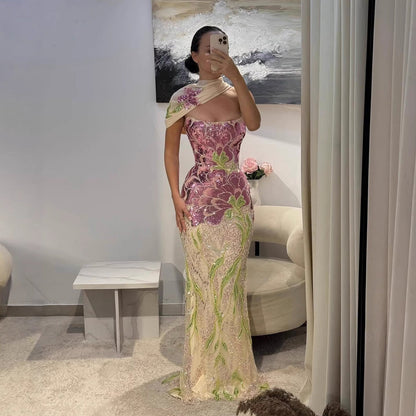 Luxury Purple Flower Evening Prom Dress with Scarf LA73538A