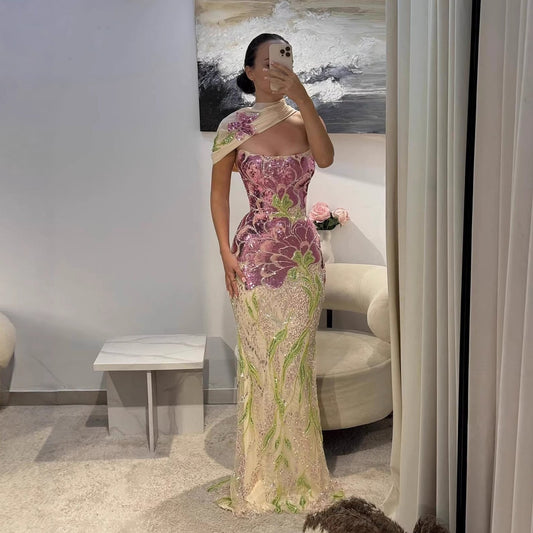 Luxury Purple Flower Evening Prom Dress with Scarf LA73538A