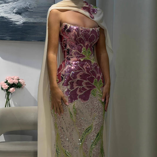 Luxury Orange Flower Evening Prom Dress with Scarf LA73538A