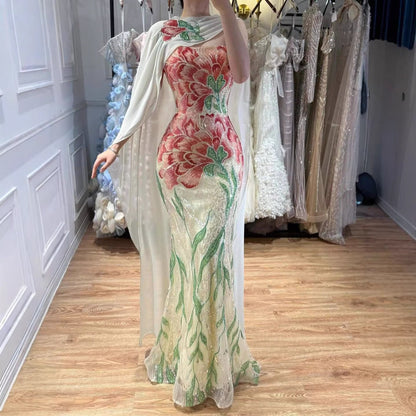 Luxury Orange Flower Evening Prom Dress with Scarf LA73538A