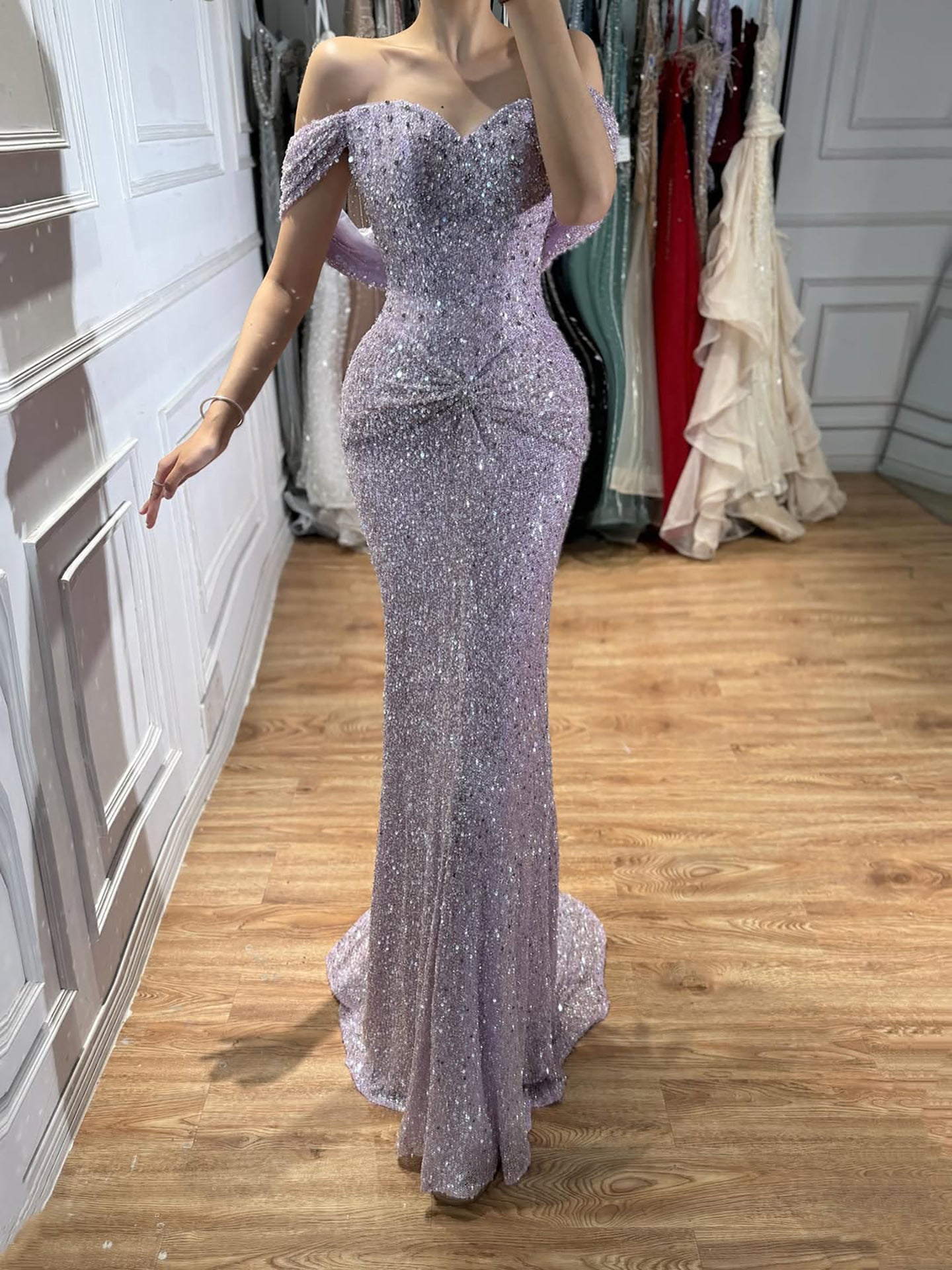 Luxury Purple Crystal Beaded Mermaid Evening Dress with Sleeves LA73539