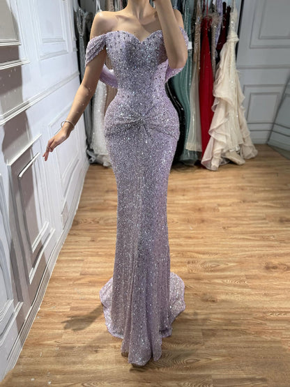 Luxury Purple Crystal Beaded Mermaid Evening Dress with Sleeves LA73539