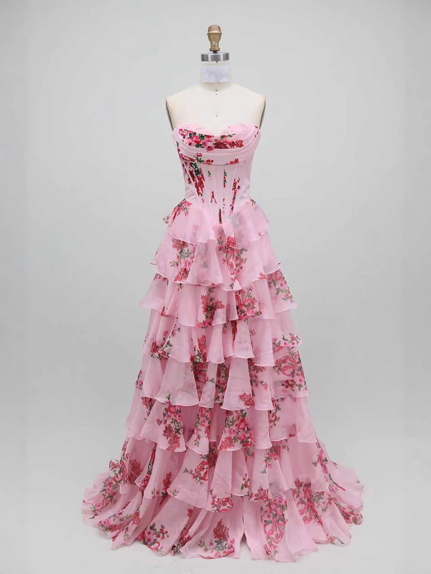 Luxury Pink Floral Print Corset Ruffle A-Line Prom Dress LA73541