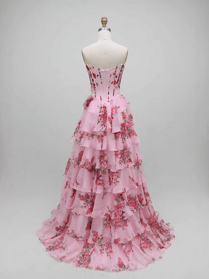 Luxury Pink Floral Print Corset Ruffle A-Line Prom Dress LA73541