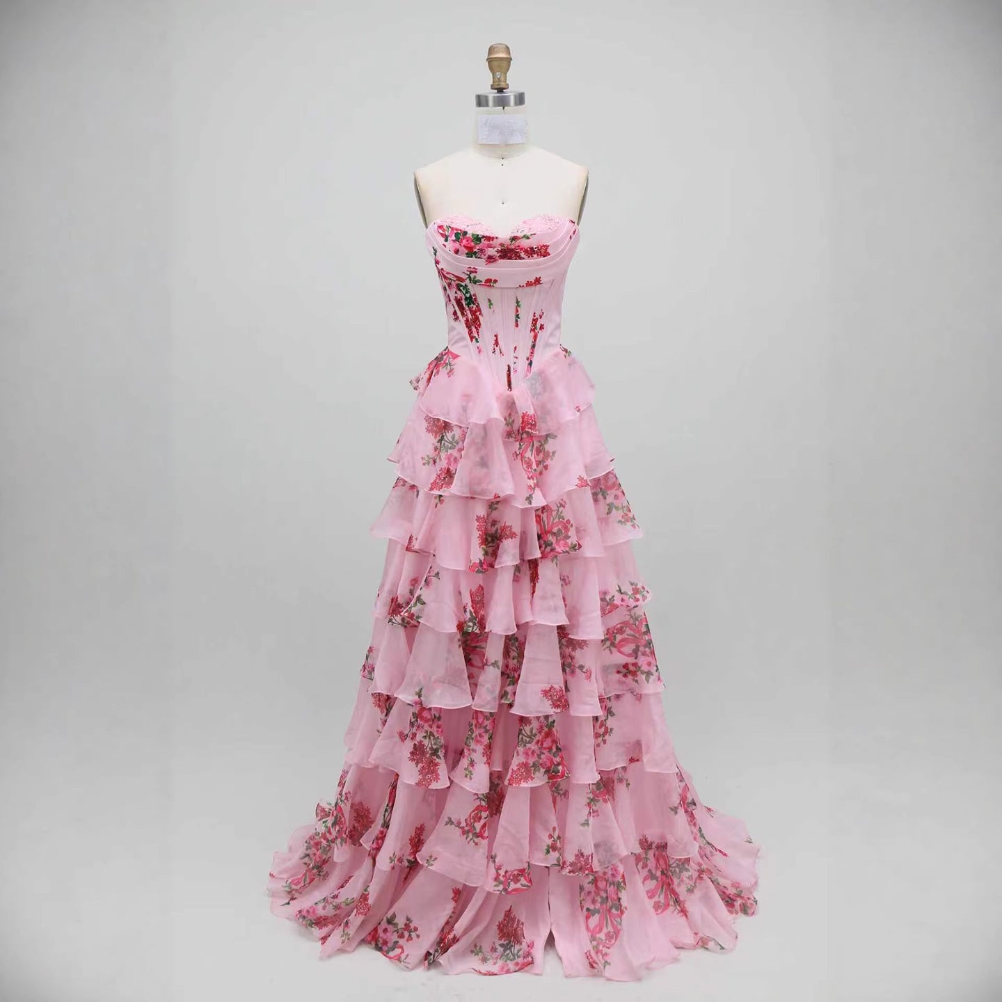Luxury Pink Floral Print Corset Ruffle A-Line Prom Dress LA73541