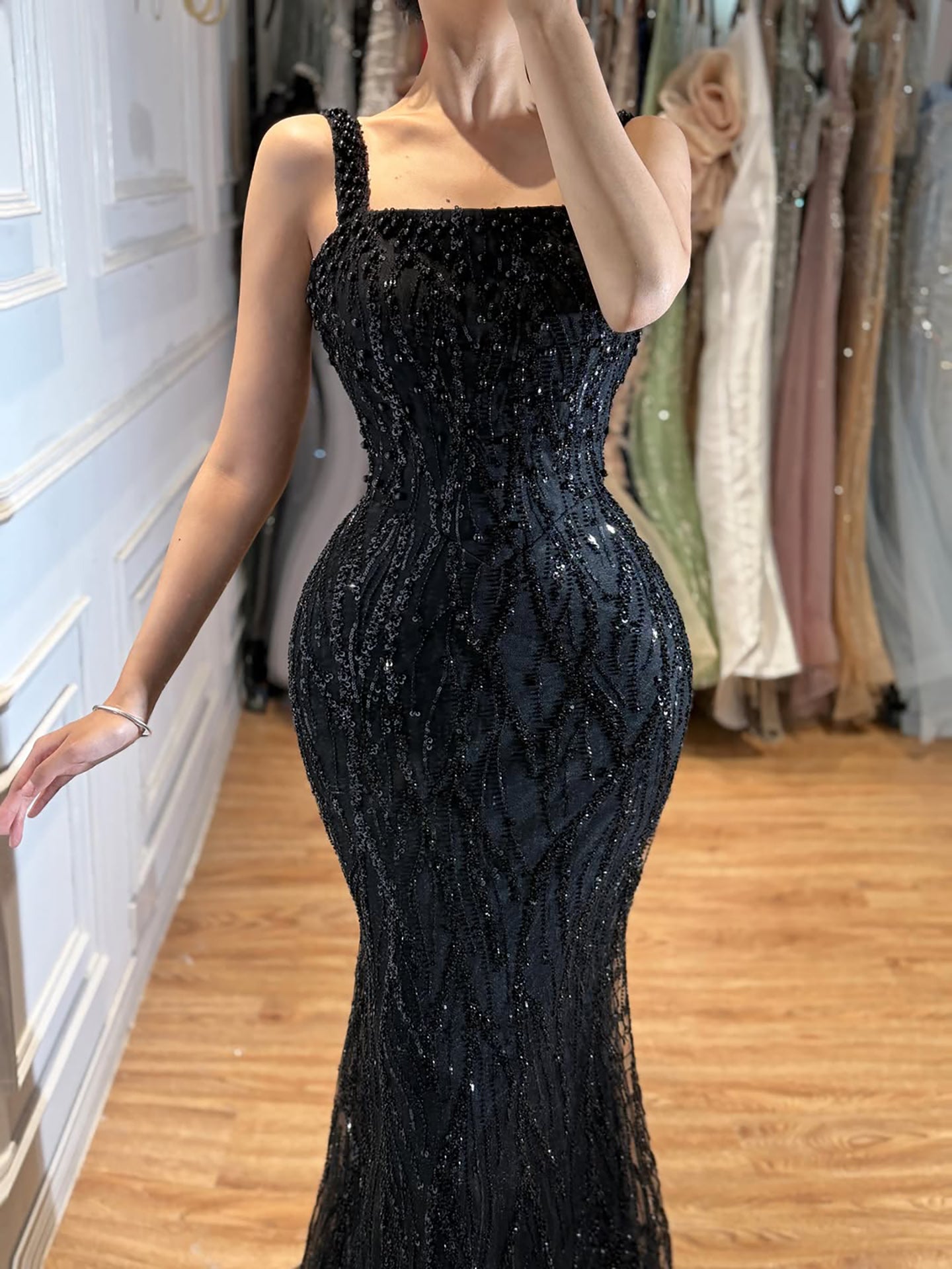 Luxury Black Square Neck Mermaid Evening Dress LA73545