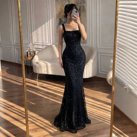 Luxury Black Square Neck Mermaid Evening Dress LA73545
