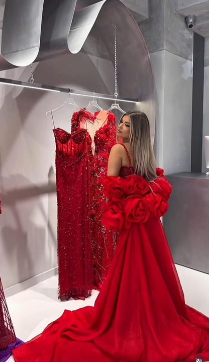 Luxury Wine Red Spaghetti Strap Beaded Evening Dress With Flower Cape LA73546