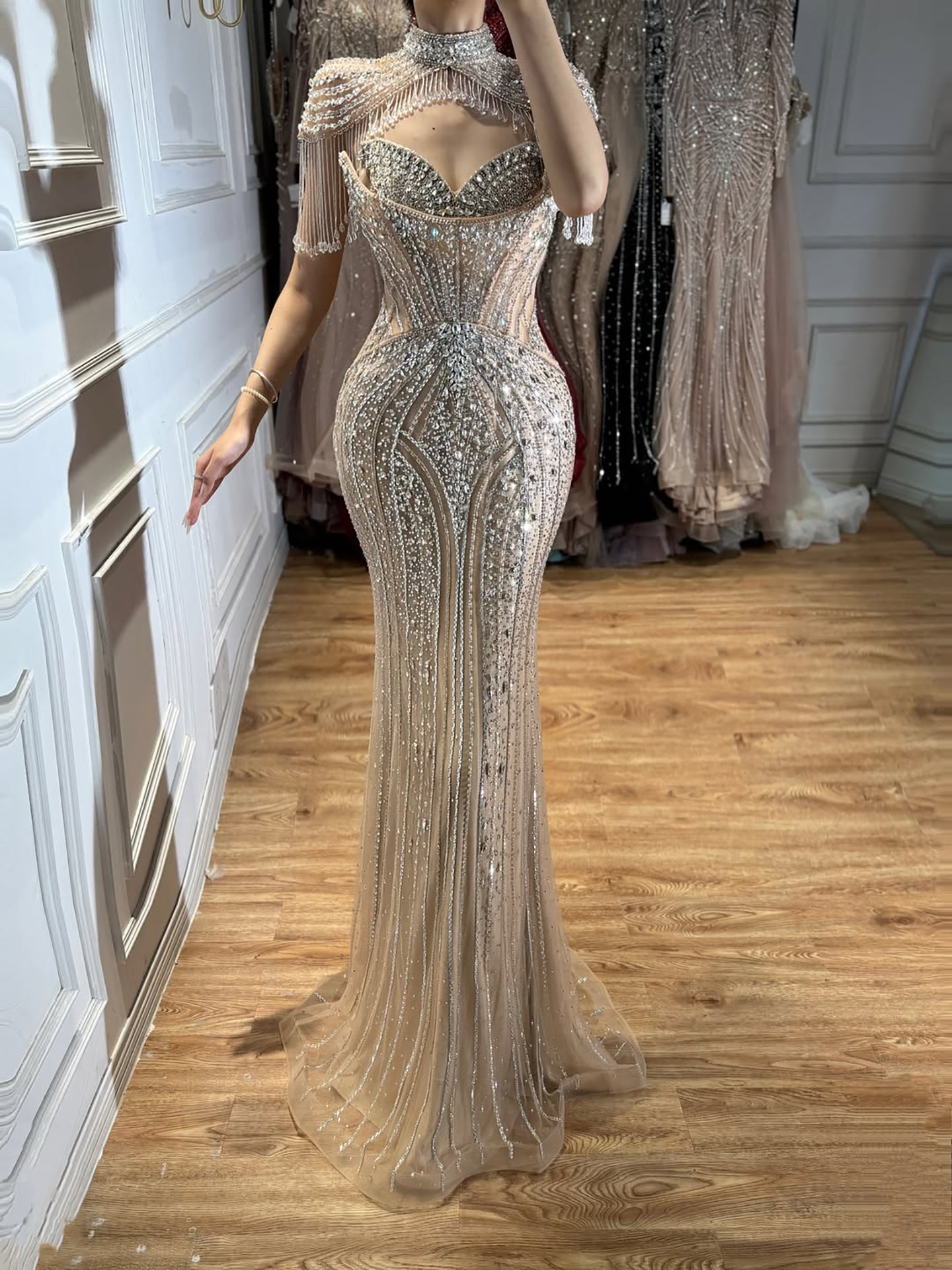 Luxury Silver Nude High Neck Tassel Beaded Mermaid Dress LA73548