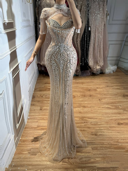 Luxury Silver Nude High Neck Tassel Beaded Mermaid Dress LA73548
