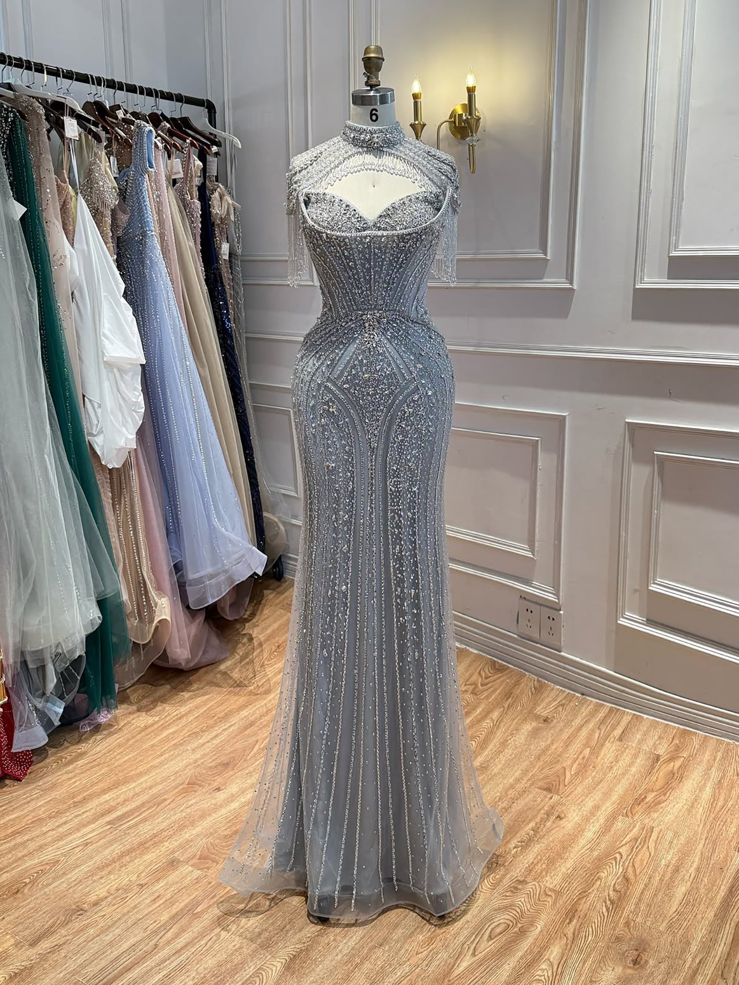 Luxury Silver Nude High Neck Tassel Beaded Mermaid Dress LA73548
