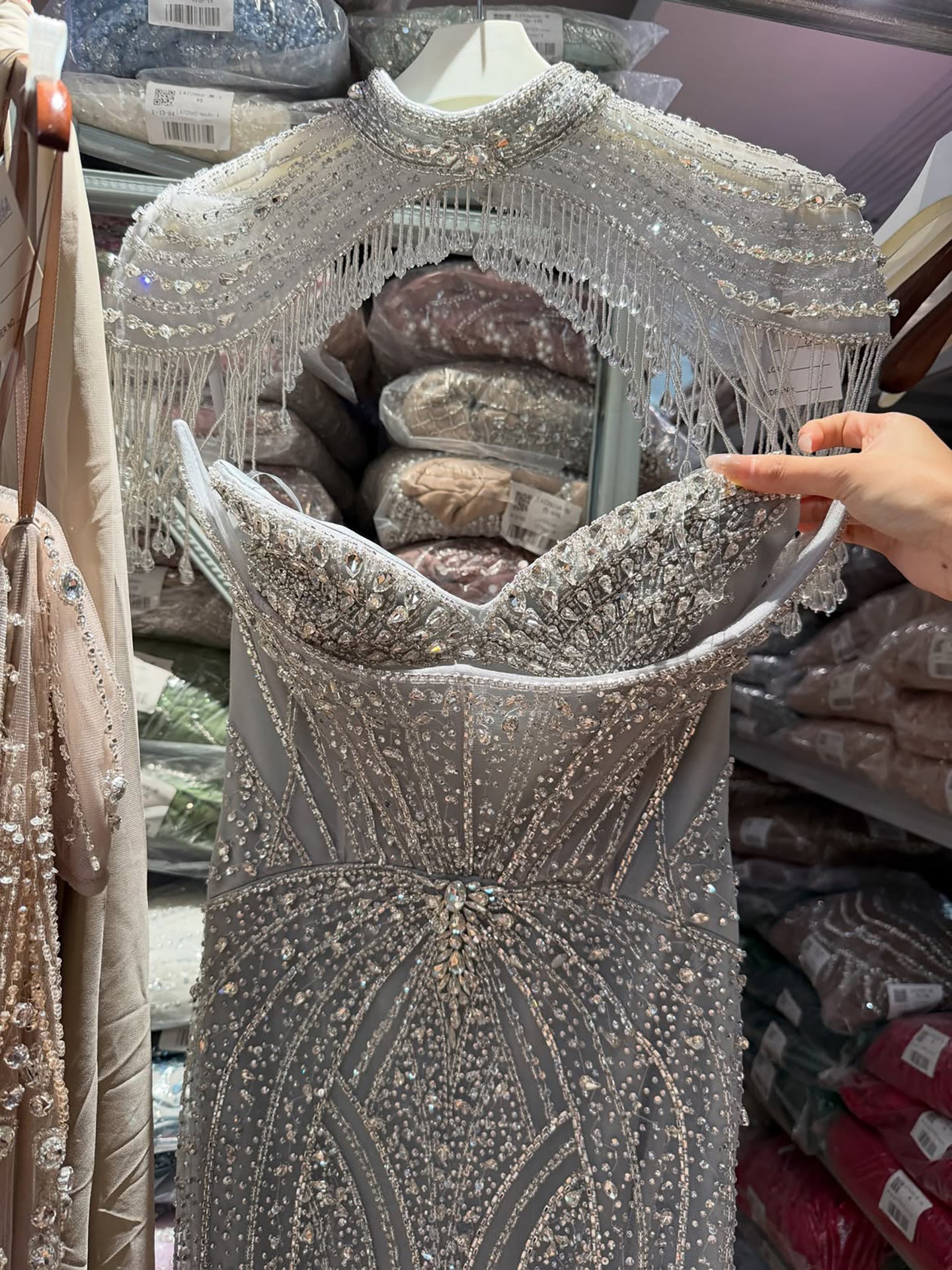 Luxury Silver Nude High Neck Tassel Beaded Mermaid Dress LA73548