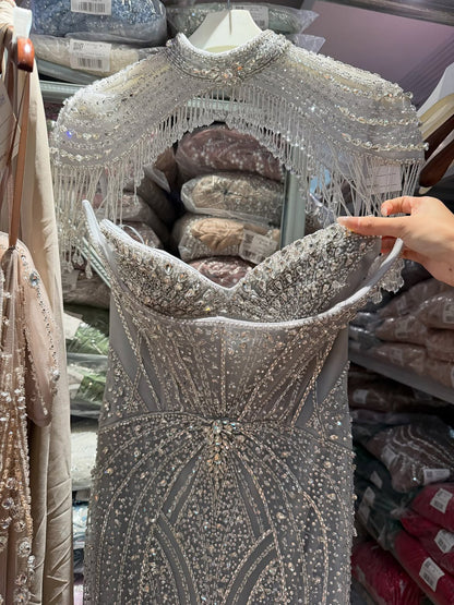 Luxury Silver Nude High Neck Tassel Beaded Mermaid Dress LA73548
