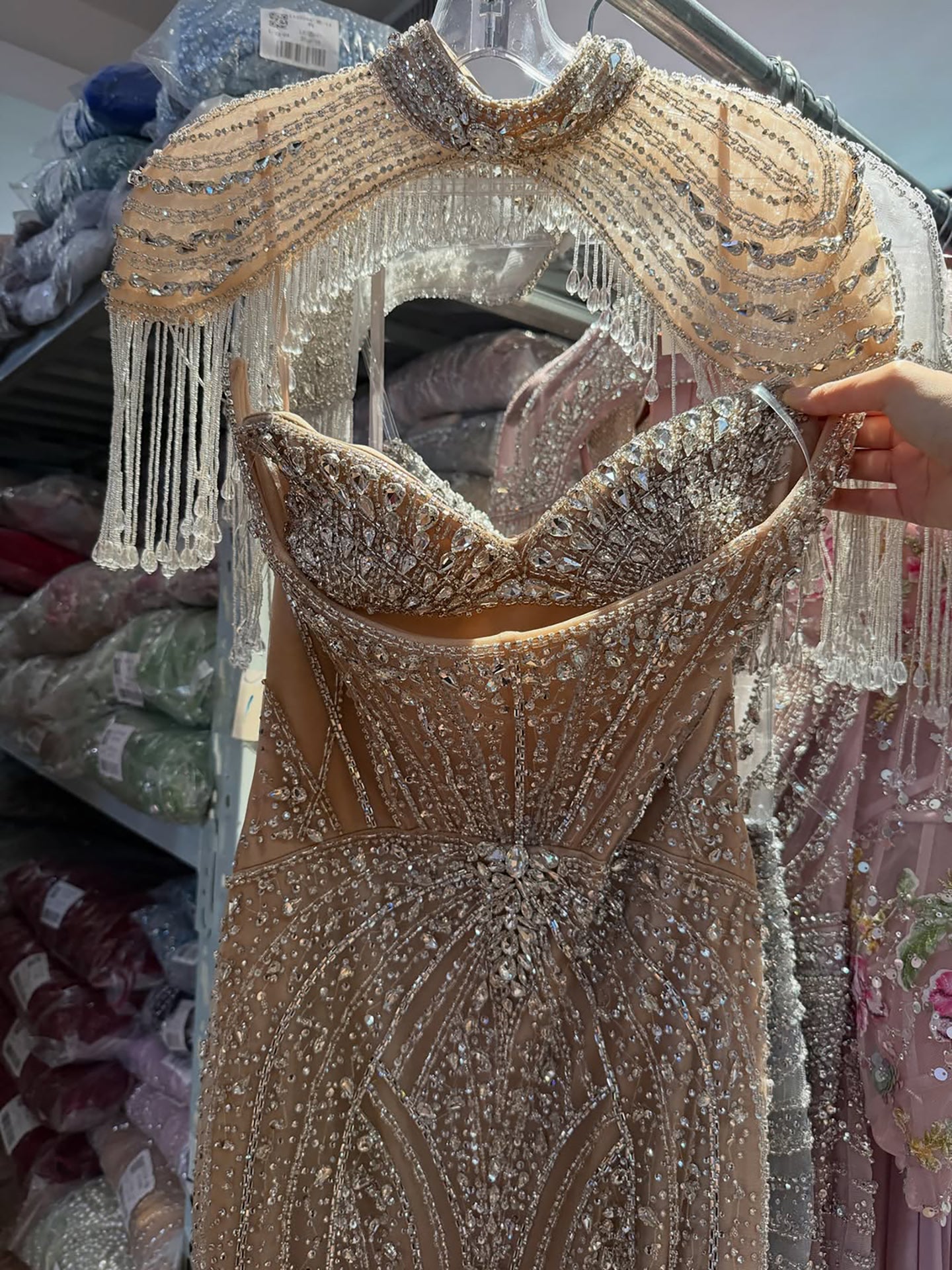 Luxury Silver Nude High Neck Tassel Beaded Mermaid Dress LA73548
