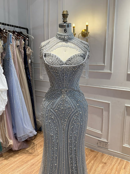 Luxury Silver Nude High Neck Tassel Beaded Mermaid Dress LA73548