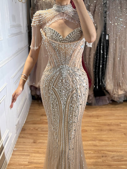 Luxury Silver Nude High Neck Tassel Beaded Mermaid Dress LA73548