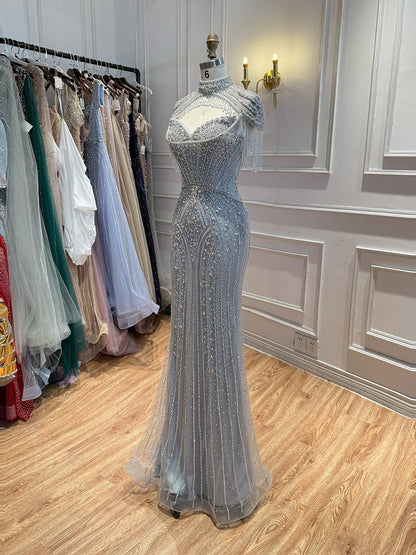 Luxury Silver Nude High Neck Tassel Beaded Mermaid Dress LA73548