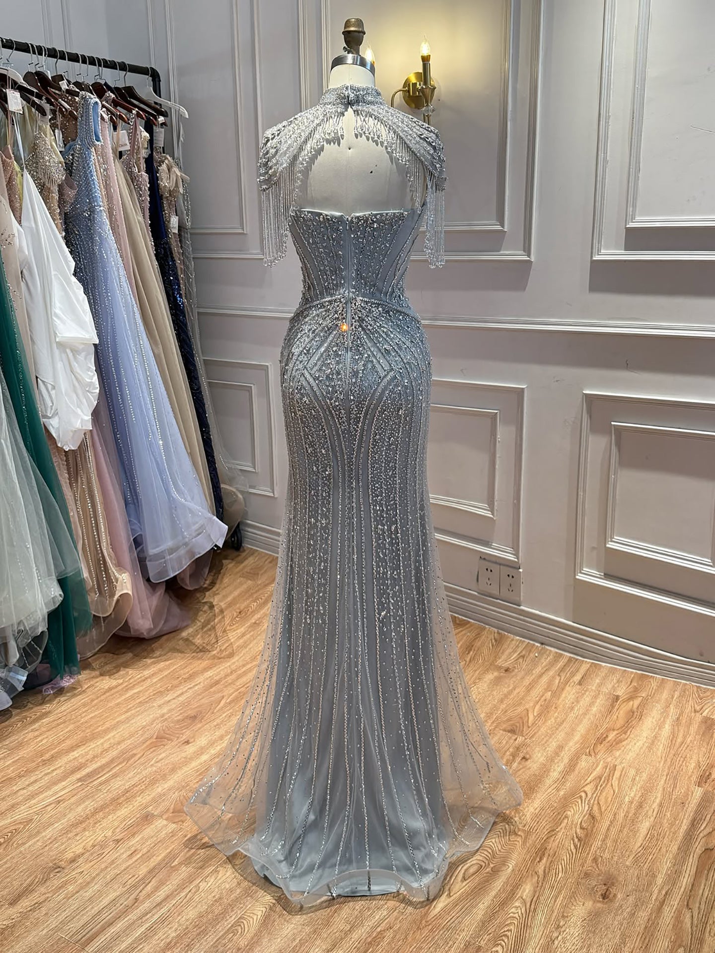 Luxury Silver Nude High Neck Tassel Beaded Mermaid Dress LA73548