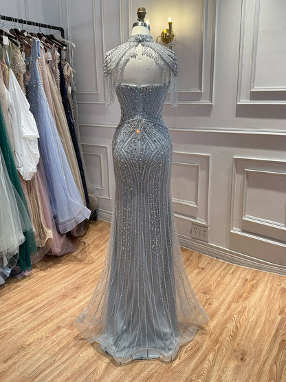 Luxury Silver Nude High Neck Tassel Beaded Mermaid Dress LA73548