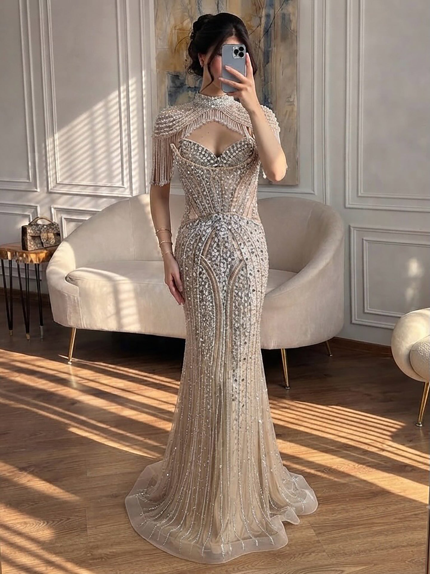 Luxury Silver Nude High Neck Tassel Beaded Mermaid Dress LA73548