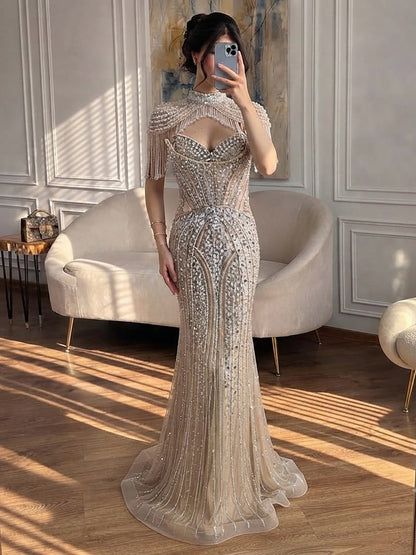 Luxury Silver Nude High Neck Tassel Beaded Mermaid Dress LA73548
