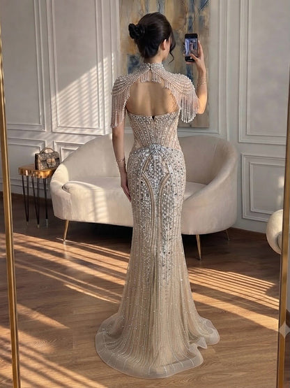 Luxury Silver Nude High Neck Tassel Beaded Mermaid Dress LA73548