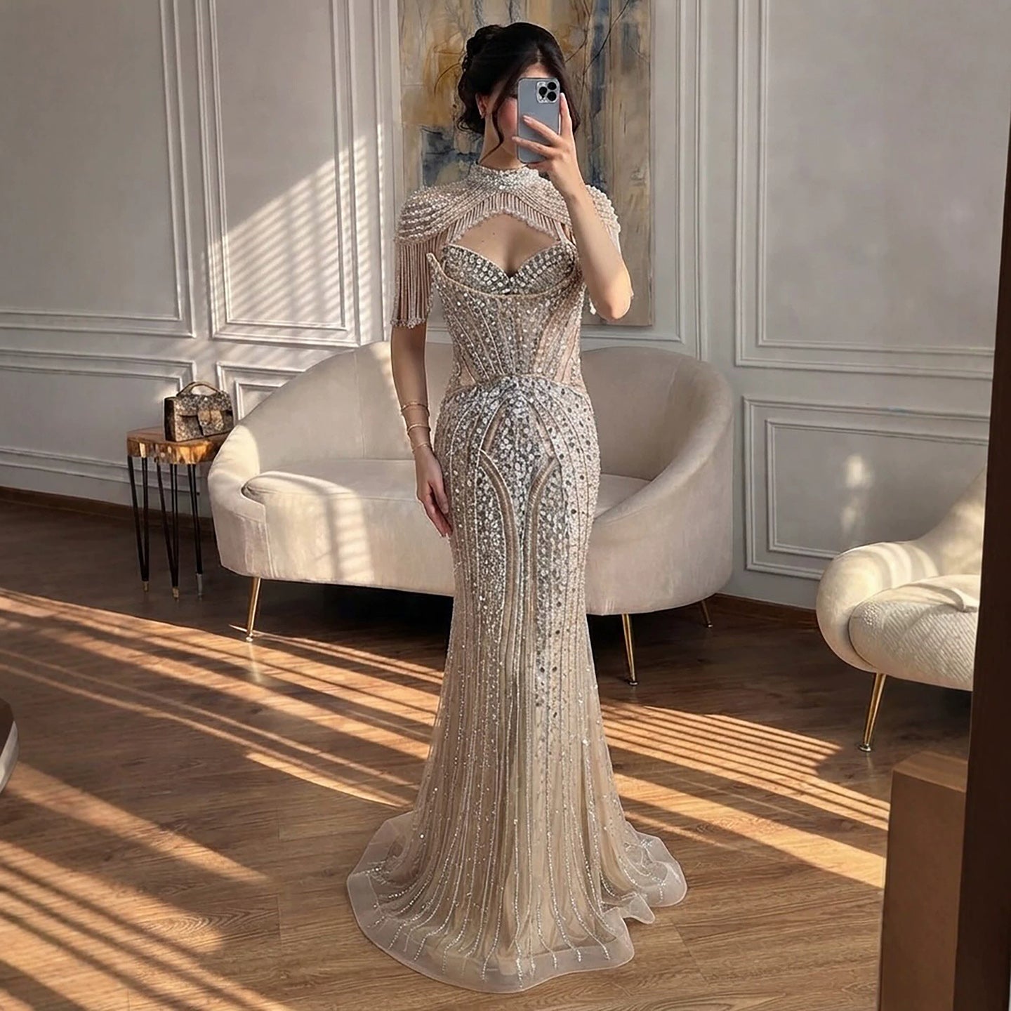 Luxury Silver Nude High Neck Tassel Beaded Mermaid Dress LA73548