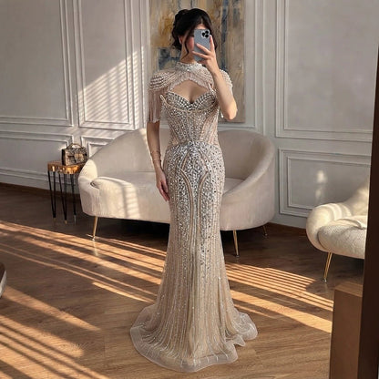 Luxury Silver Nude High Neck Tassel Beaded Mermaid Dress LA73548