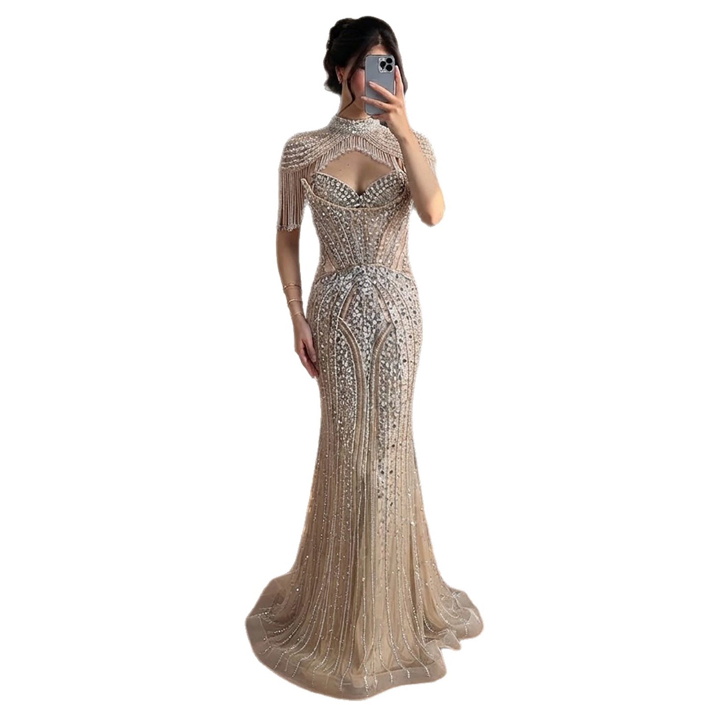 Luxury Silver Nude High Neck Tassel Beaded Mermaid Dress LA73548