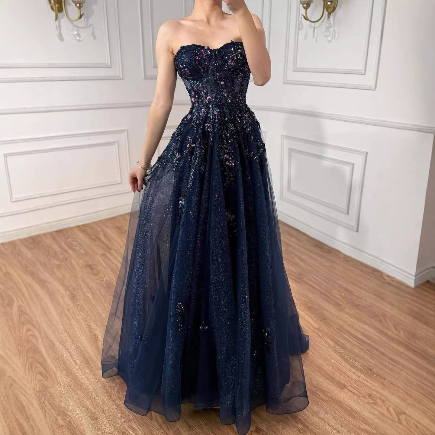 Luxury Blue Strapless Beaded A-Line Prom Dress LA73551
