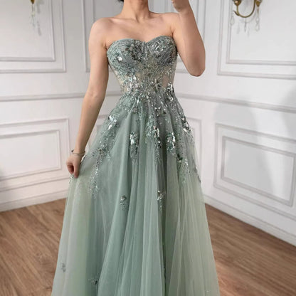 Luxury Blue Strapless Beaded A-Line Prom Dress LA73551