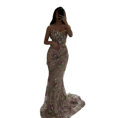 Luxury Nude Floral Beaded Sheer Mermaid Evening Dress LA73552A