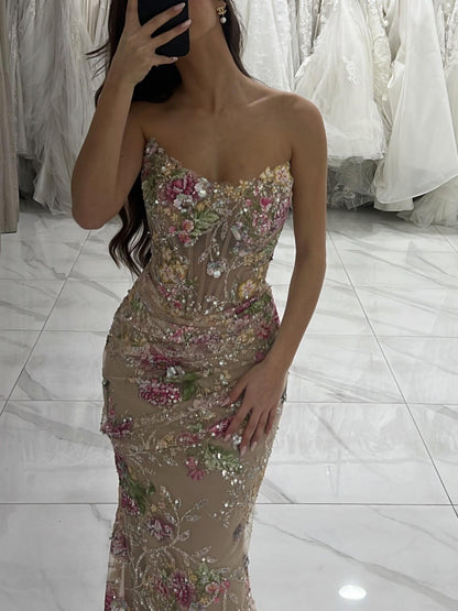 Luxury Nude Floral Beaded Sheer Mermaid Evening Dress LA73552A