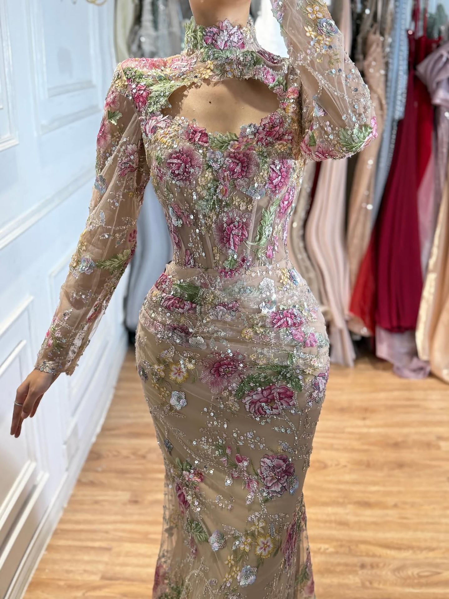Luxury Nude Pink Floral Beaded Mermaid Evening Dress LA73552F