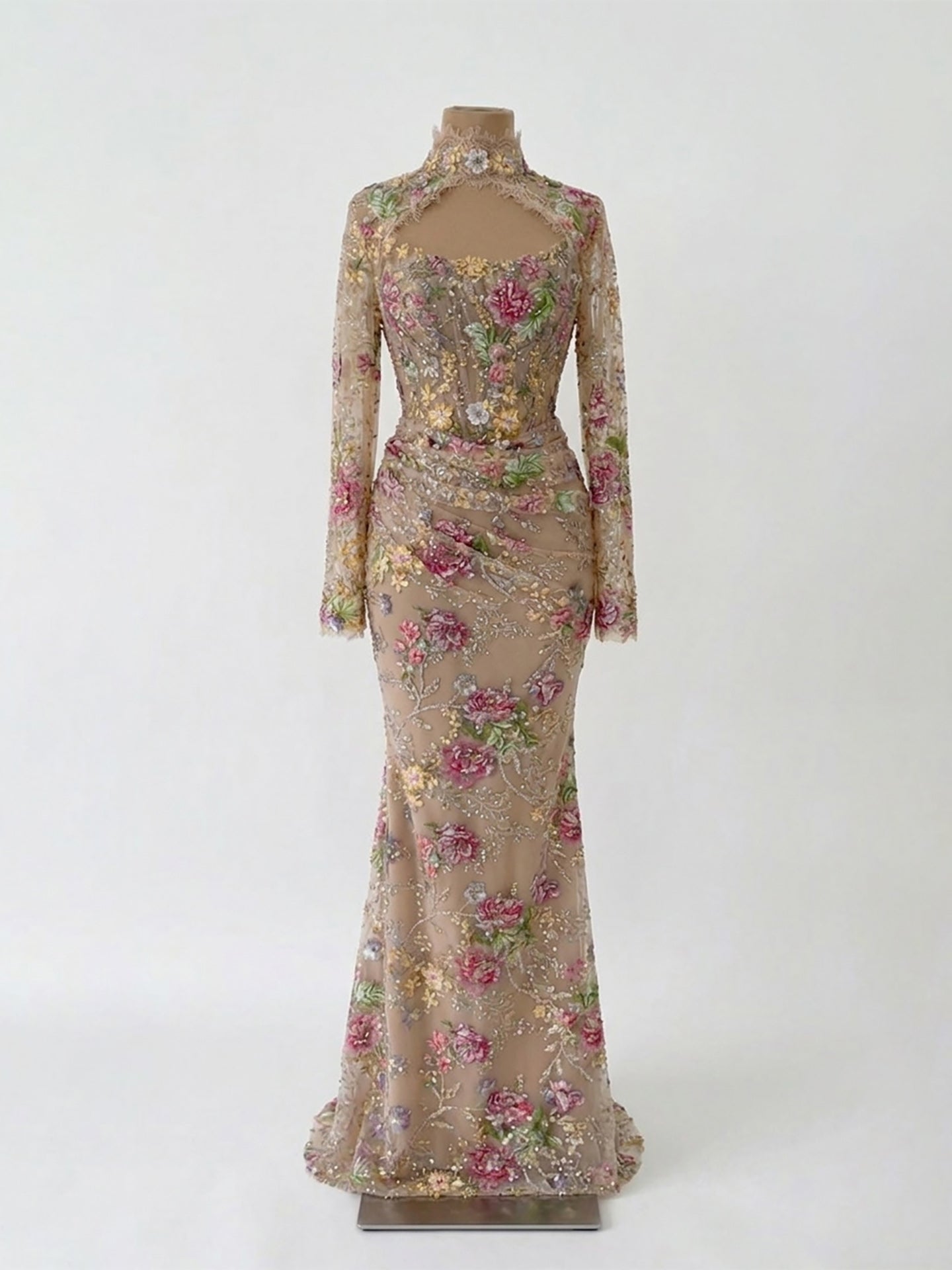 Luxury Nude Pink Floral Beaded Mermaid Evening Dress LA73552F
