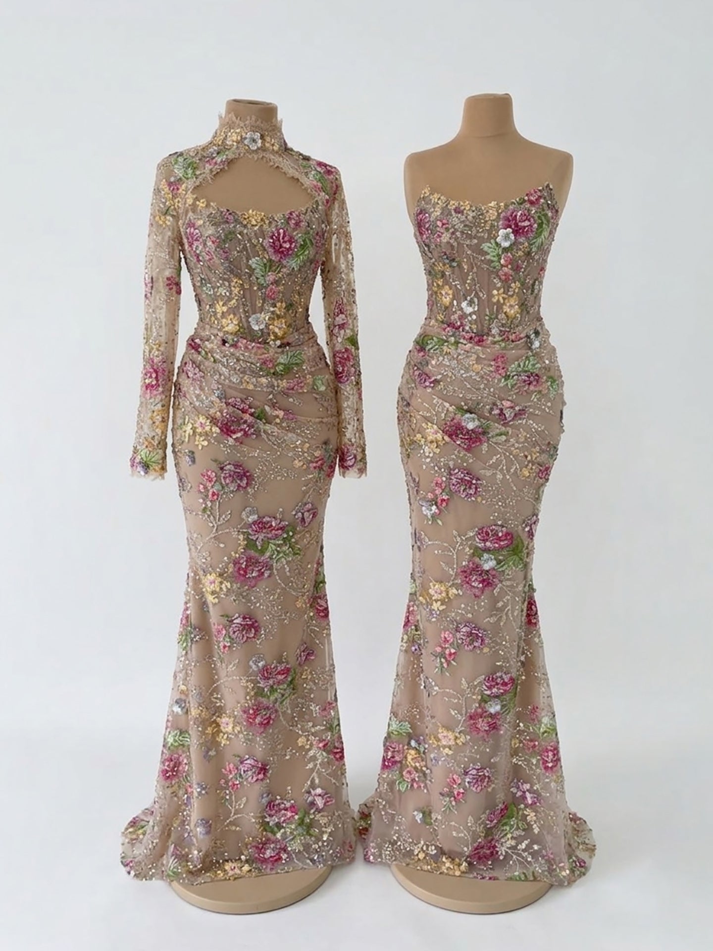 Luxury Nude Pink Floral Beaded Mermaid Evening Dress LA73552F