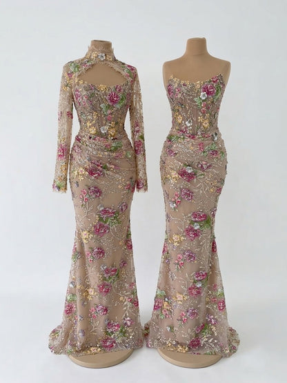 Luxury Nude Pink Floral Beaded Mermaid Evening Dress LA73552F
