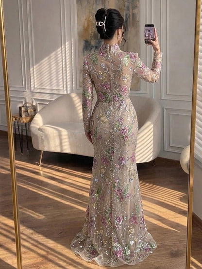 Luxury Nude Pink Floral Beaded Mermaid Evening Dress LA73552F