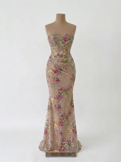 Luxury Nude Pink Floral Beaded Mermaid Evening Dress LA73552F