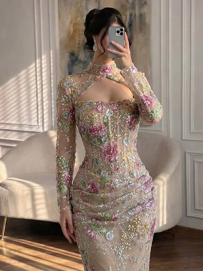 Luxury Nude Pink Beaded Long Sleeve Mermaid Evening Dress LA73552FF