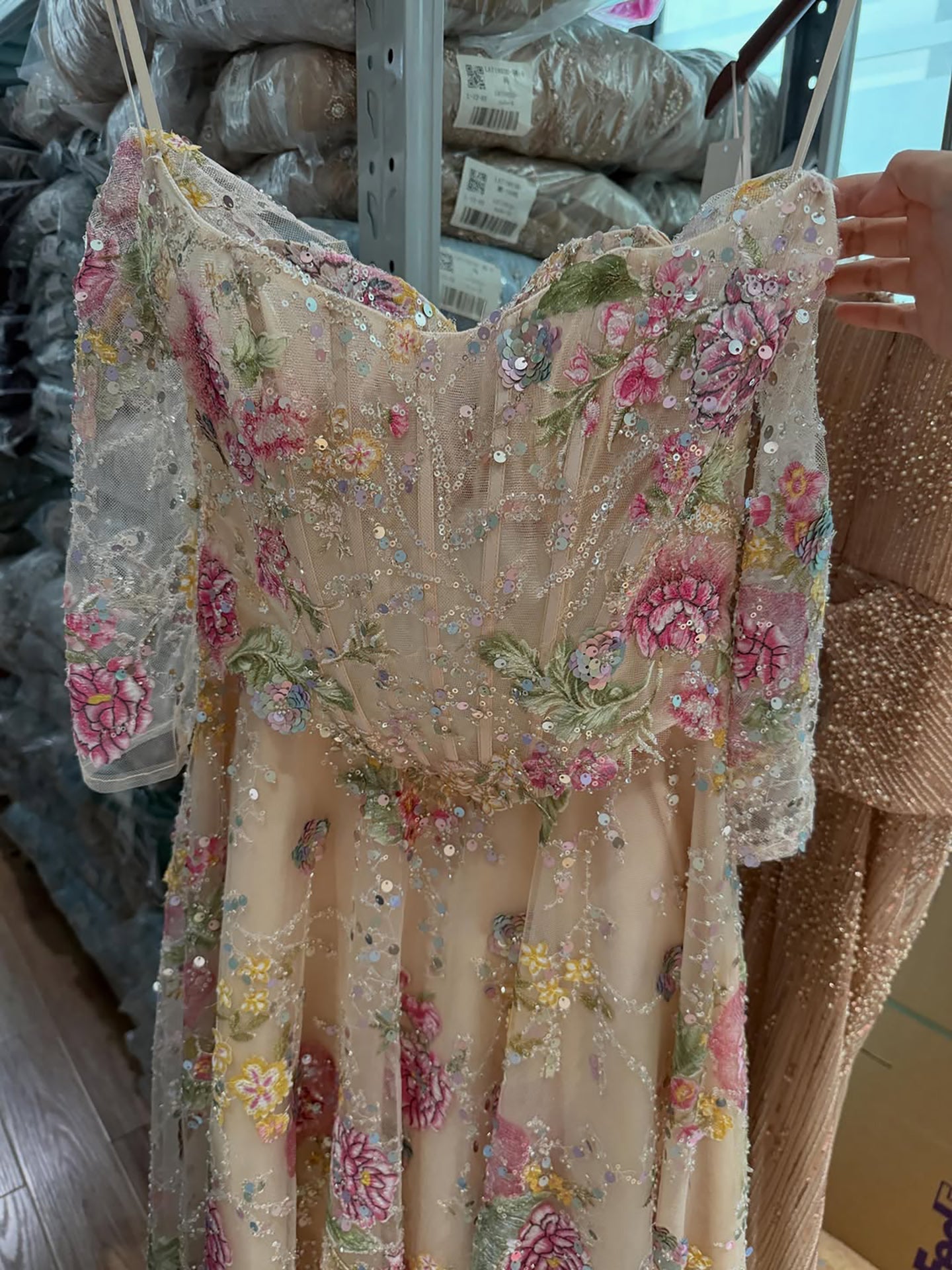 Luxury Nude Pink Floral Beaded A Line Dress with Sleeves LA73552H