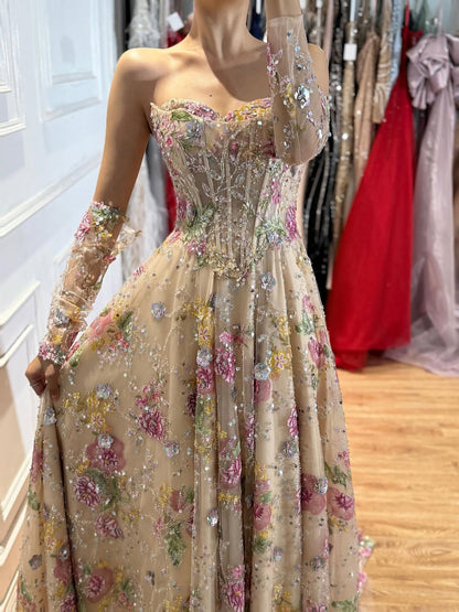 Luxury Nude Pink Floral Beaded A Line Dress with Sleeves LA73552H