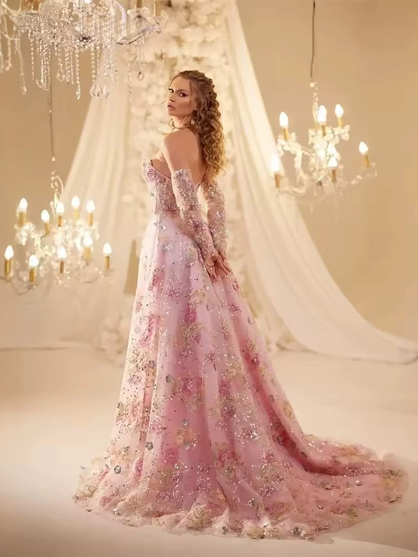 Luxury Pink Floral Beaded A Line Dress with Sleeves LA73552H