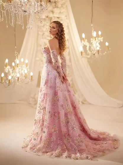Luxury Pink Floral Beaded A Line Dress with Sleeves LA73552H