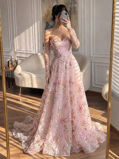 Luxury Pink Floral Beaded A Line Dress with Sleeves LA73552H