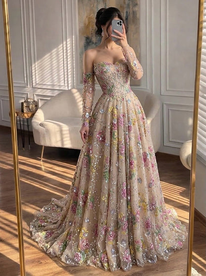 Luxury Nude Pink Floral Beaded A Line Dress with Sleeves LA73552H