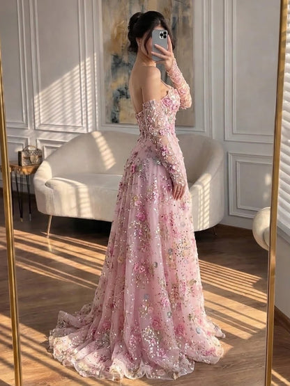 Luxury Pink Floral Beaded A Line Dress with Sleeves LA73552H