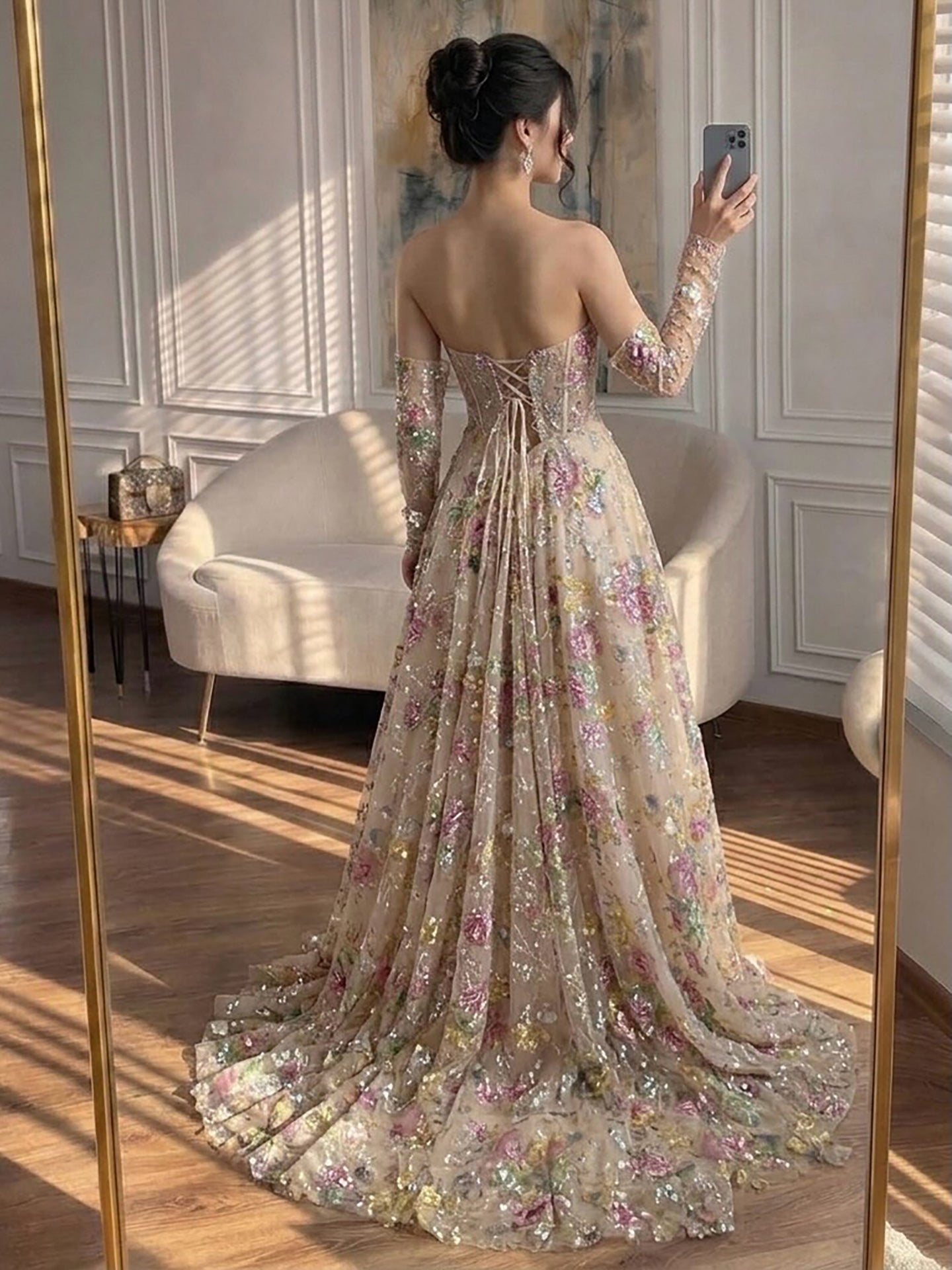 Luxury Nude Pink Floral Beaded A Line Dress with Sleeves LA73552H
