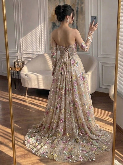 Luxury Nude Pink Floral Beaded A Line Dress with Sleeves LA73552H