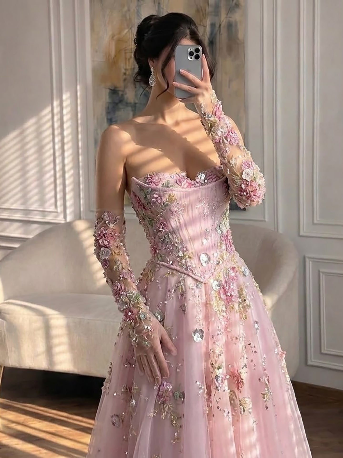 Luxury Pink Floral Beaded A Line Dress with Sleeves LA73552H